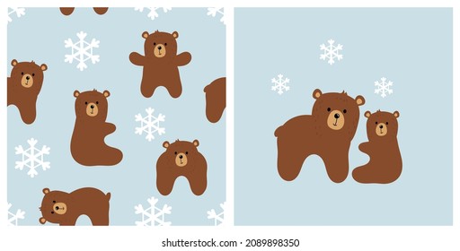 Seamless pattern with bear cartoons and snowflakes on blue background. Mother bear and baby bear vector illustration.