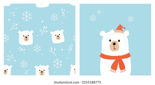 Seamless pattern with bear cartoons, snowflakes and winter branch on blue background. Bear cartoon with scarf and red hat vector.