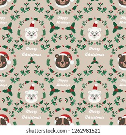Seamless pattern with bear and Christmas items. Vector illustration for your design