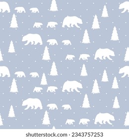 Seamless pattern with bear with christmas tree. Bear, fir-tree and snowflakes.