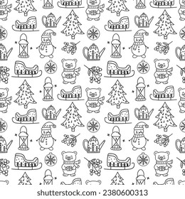 Seamless pattern. Bear and Christmas tree, lantern and snowman, kettle and sleigh, rowan and glass balls on white background. Black and white vector illustration hand drawn doodle. Festive print