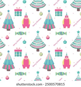 Seamless pattern with bear, Christmas trees and gift in cartoon style. White background. Perfect for kids design, decor textiles, fabric print, Christmas cards, wallpaper and wrapping paper design.
