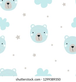 Seamless pattern with bear and clouds. Vector illustration, handmade, for printing on dishes, bed linen, gift packaging, sticker, poster, label. Cute baby background.