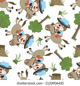 Seamless pattern of bear the cowboy riding a brown horse, T-Shirt Design for children. Design elements for kids.