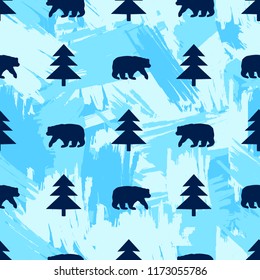 Seamless pattern with bear and fir-tree on the brush strokes background. Vector illustration