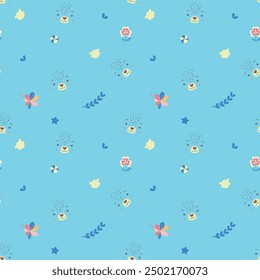 Seamless pattern with bear and flora in cartoon style. Blue background. Perfect for kids design, decor textiles, fabric print, greeting cards, cover design, baby prints and wrapping paper design.