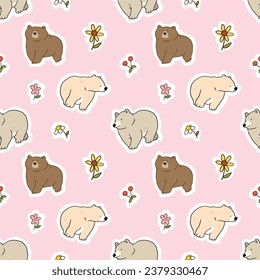 Seamless Pattern with Bear and Flower Design on Pink Background