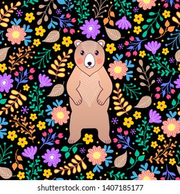 Seamless pattern with bear and flowers on dark background