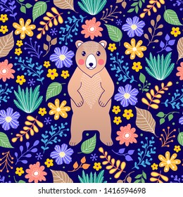 Seamless pattern with bear and flowers on dark background