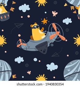 Seamless pattern bear flying on an airplane, hot air balloon. Cute cartoon Teddy bear flying in the night sky. Vector illustration. For fabric, print, textile, kids decor room, background, wallpaper