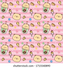 Seamless pattern of bear with food and dessert on pink background.Cute cartoon hand drawn.Animal,bubble tea,star doodle.Image for card,poster,banner,wallpaper,children wear.Vector.Illustration.