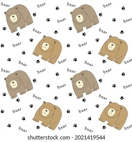 Seamless pattern with bear and footprint , cute cartoon style vector illustration on white background. Suitable for decorating fabric, textile, print, wrapper.bright colors for children.