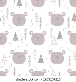 Seamless pattern with bear in forest. Cartoon bear head and spruces on white background for kids.