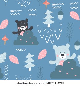 Seamless pattern with bear, forest elements in Scandinavian style. Childish texture for textile. Vector Illustration.
