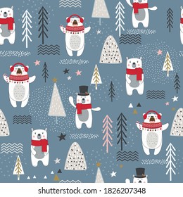 Seamless pattern with bear, forest elements and hand drawn shapes. childish texture. Great for fabric, textile Vector illustration