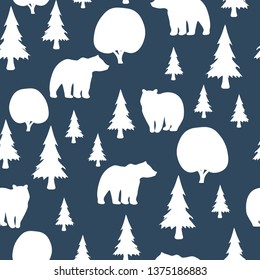 Seamless pattern with bear in forest. Bear, fir-tree, chestnut silhouette.