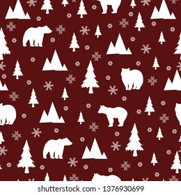 Seamless pattern with bear in forest. Bear, fir-tree, snowflakes, mountains. Merry christmas pattern.