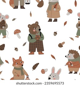 
Seamless pattern with bear, fox, hedgehog, hare, leaves and mushrooms on a white background for children's textiles, scrapbooking paper, cards.