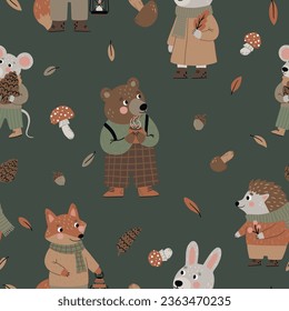 Seamless pattern with bear, fox, hedgehog, hare, leaves and mushrooms for children's textiles, scrapbooking paper, cards.