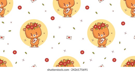 Seamless pattern with bear girl in flower wreath on white background. Funny kawaii animal character. Vector illustration