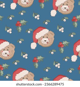 Seamless pattern with bear head in Santa hat, holly and  mistletoe. Vector illustration.