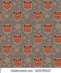 seamless pattern of bear heads on a gray background with stars.Vector. stock illustration