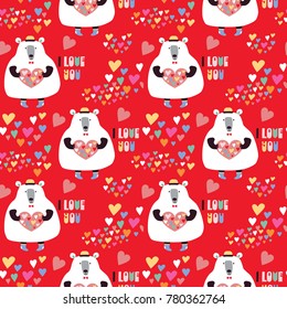 Seamless pattern. Bear and heart. Greeting card for St. Valentine's Day. Red background.