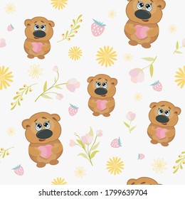 Seamless pattern with bear and heart. Vector background with a grizzly with honey and bees