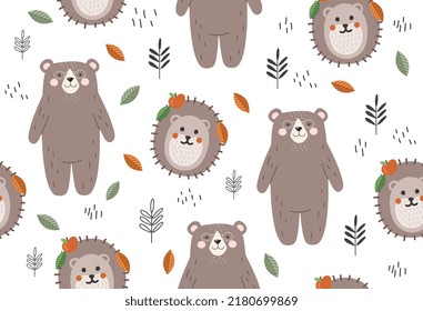 Seamless pattern with bear and hedgehog. Cute repeating graphic element to print on bedding. Forest dwellers and animals, mammal. Autumn season and fall concept. Cartoon flat vector illustration
