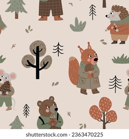 Seamless pattern with bear, hedgehog, squirrel, mouse and leaves  for children's textiles, scrapbooking paper, cards.