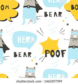 Seamless pattern bear hero. Vector illustration, comic style, for printing on fabric, packaging paper, postcard, banner, poster, tableware.  Cute baby background.