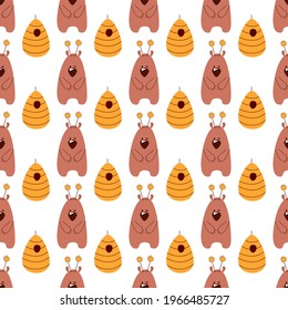 Seamless pattern with bear and hive. Vector illustration.