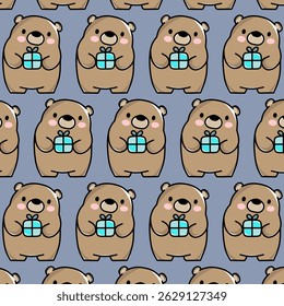 Seamless pattern of a bear holding a present. Great for party supplies, wrapping paper, and festive products.

