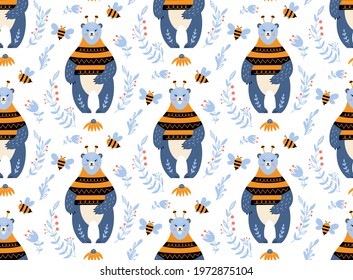 Seamless pattern with bear, honey, and bee. Cute nursery print. Baby wallpaper. Woodland animals pattern. Vector hand drawn background for fabrics, textile, and wrapping paper. 