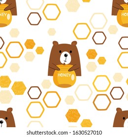 Seamless pattern of bear and honey jar on abstract beehive background vector illustration. Cute cartoon character.