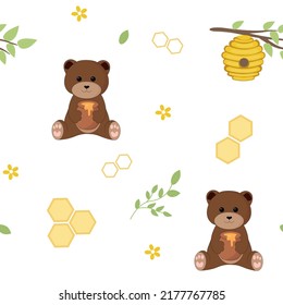 Seamless pattern with bear and honey. Vector flat cartoon illustration