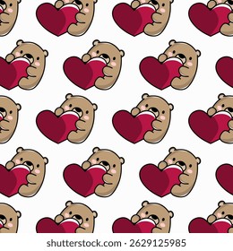 Seamless pattern of a bear hugging a heart. Perfect for romantic designs, Valentine’s merchandise, and cute wrapping paper.