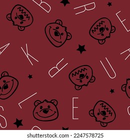 Seamless pattern with bear and letters. Background for textile, fabric, stationery, pajamas, clothes and other design.