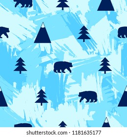 Seamless pattern with bear, mountain and fir-tree on the brush strokes background. Vector illustration