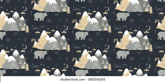 Seamless pattern with bear, mountains, trees, clouds, snow, and house. Hand drawn winter illustration in Scandinavian style for kids. For textiles, postcards, baby shower, babywear, nursery.