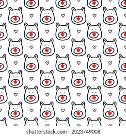 Seamless pattern with bear muzzle and hearts on a white background