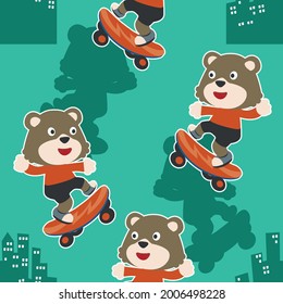 seamless pattern with bear on  skate board, For fabric textile, nursery, baby clothes, background, textile, wrapping paper and other decoration.