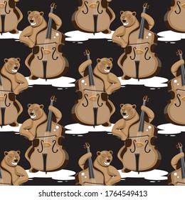 seamless pattern of a bear playing a double bass on a black background. Vector image eps 10