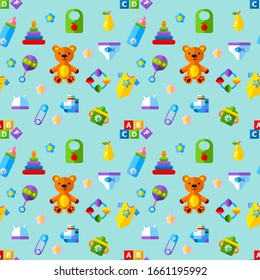 Seamless Pattern with Bear, Pyramid, Rattle and Babe Bottle.Flat Vector Illustration .