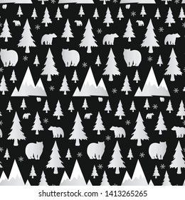 Seamless pattern with bear. Bear silhouette, snowflakes, mountain, tree. Scandinavian style.