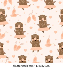 Seamless pattern with a bear in a skirt. Lovely ballerina. Design of packaging paper, fabrics, and clothing for small children. Children's room design. Vector seamless illustration.