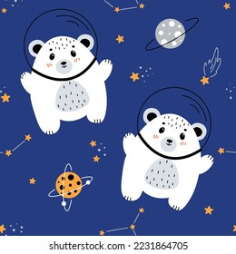  Seamless pattern with bear in space, bear astronaut, bear flying in space, children's illustrations on the theme of space