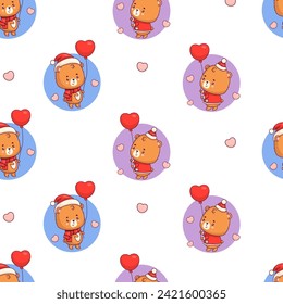 Seamless pattern with bear teddy with balloon on white background with hearts. Funny kawaii winter animal girl and boy character. Vector illustration. romantic valentine backdrop