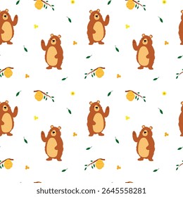 Seamless pattern with bear waving his paw, beehive with honey on a branch, flying leaves down and flowers hand-drawn with trendy textures. Image for printing on wrapping paper and canvas, for kids