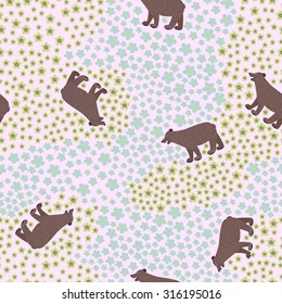 Seamless pattern with bear in the wood. Flowers ornament. Vector illustration.